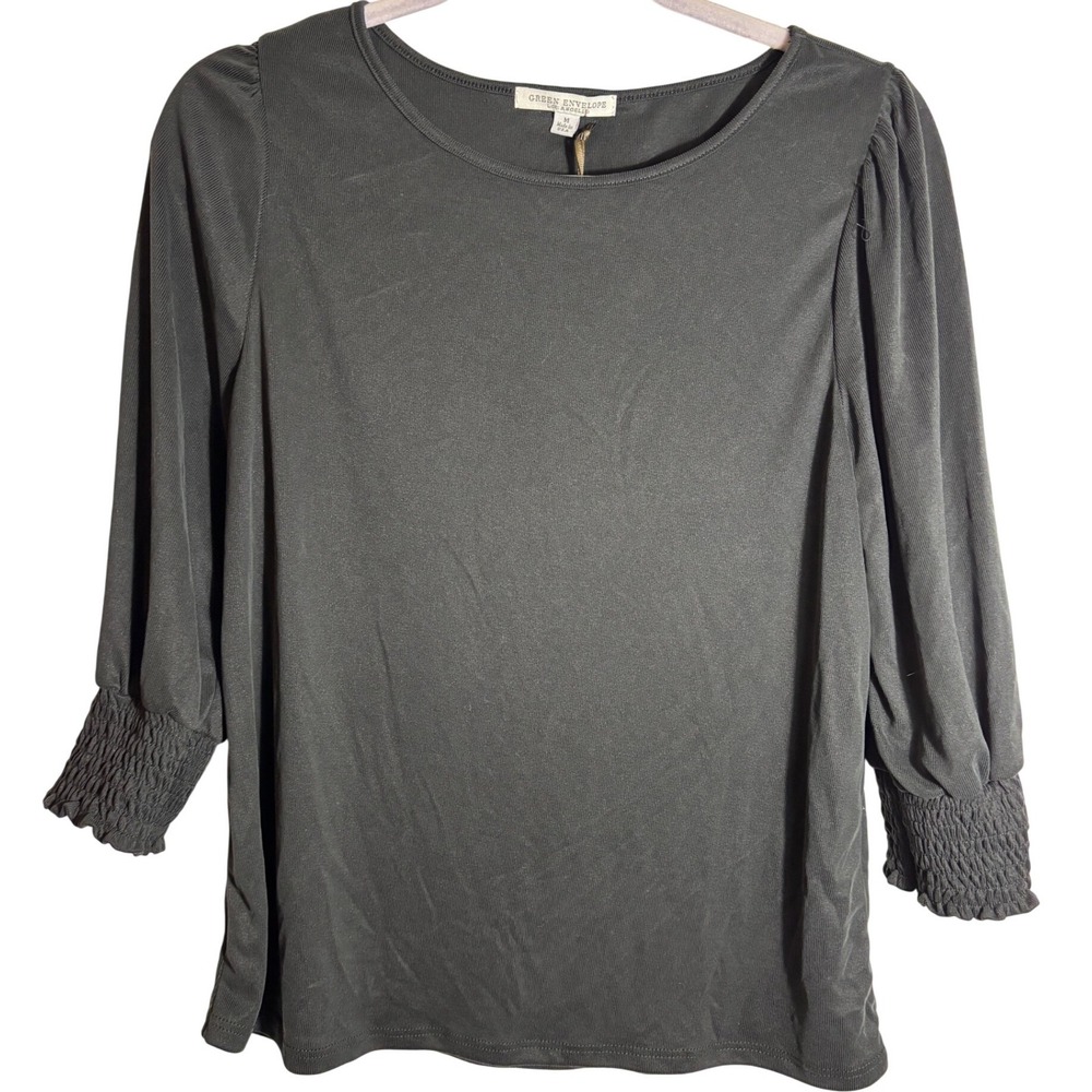 NWT Green Envelope Los Angeles‎ Black Smocked Cuff Modal Blend Blouse Size M